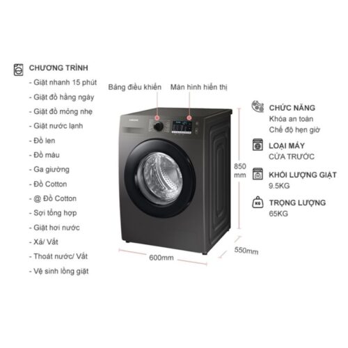 Máy Giặt Samsung Inverter 9.5 Kg WW95TA046AX/SV cửa trước 3 kich thuoc may giat samsung inverter 9 5 kg ww95ta046ax sv cua truoc