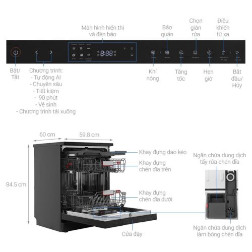 Máy rửa chén Toshiba OriginClean™ DW-15F8(B)-VN 4 kich thuoc may rua chen toshiba originclean dw 15f8b vn