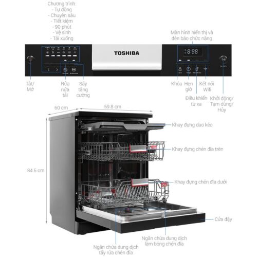 Máy rửa chén Toshiba OriginClean™ DW-15F9(B)-VN 4 kich thuoc may rua chen toshiba originclean dw 15f9b vn