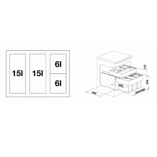 Thùng rác âm tủ Blanco Select 60/4 Organ 4 ngăn 520783 4 size thung rac am tu blanco select 604 organ 4 ngan 520783