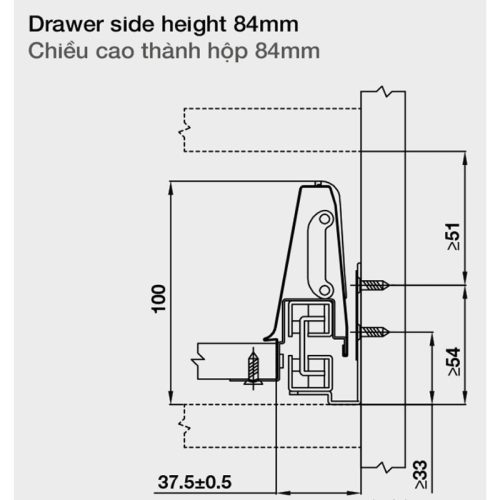 Chiều cao ray hộp âm Hafele 552.03.781