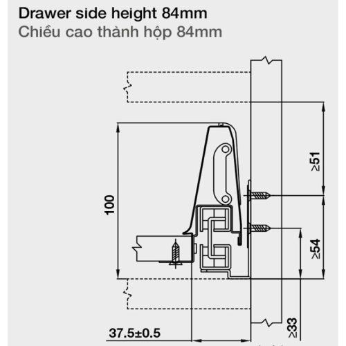 Chiều cao ray hộp âm Hafele 552.03.785