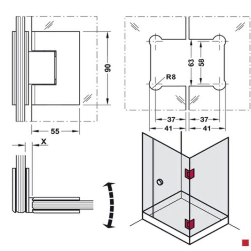 Bản lề kính 90 độ Häfele DIY 499.05.805 4 Kích thước Bản lề kính 90 độ Häfele DIY 499.05.805