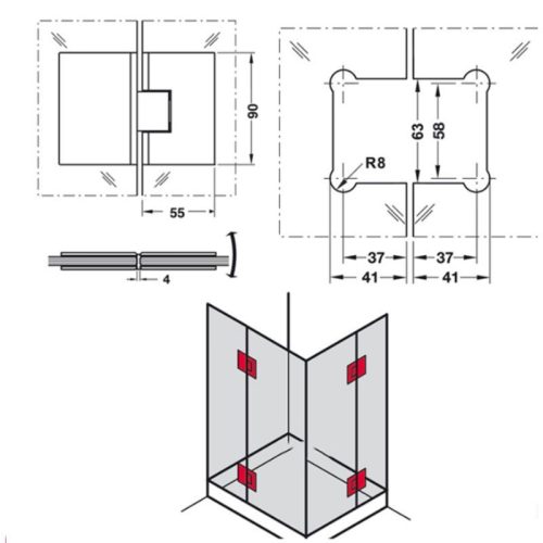 Kích thước Bản lề phòng tắm kính 180 độ Häfele DIY 499.05.807