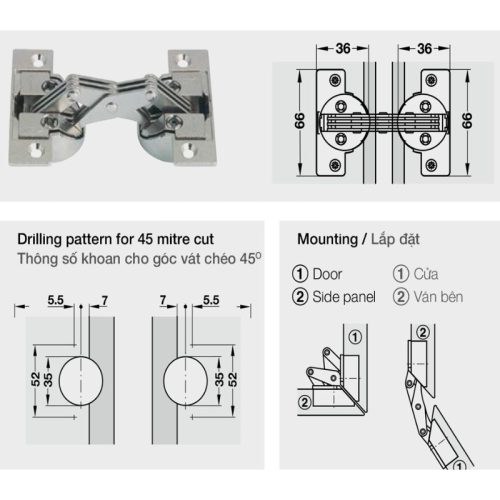 Bản Lề Tủ Mitred Cho Góc Vát Chéo Hafele 325.00.708 5 Kích thước Bản Lề Tủ Mitred Cho Góc Vát Chéo Hafele 325.00.708