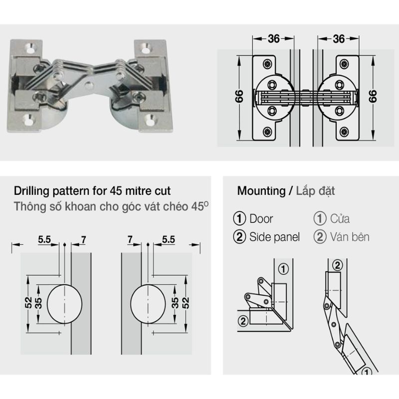 Kích thước Bản Lề Tủ Mitred Cho Góc Vát Chéo Hafele 325.00.708 Kích thước Bản Lề Tủ Mitred Cho Góc Vát Chéo Hafele 325.00.708