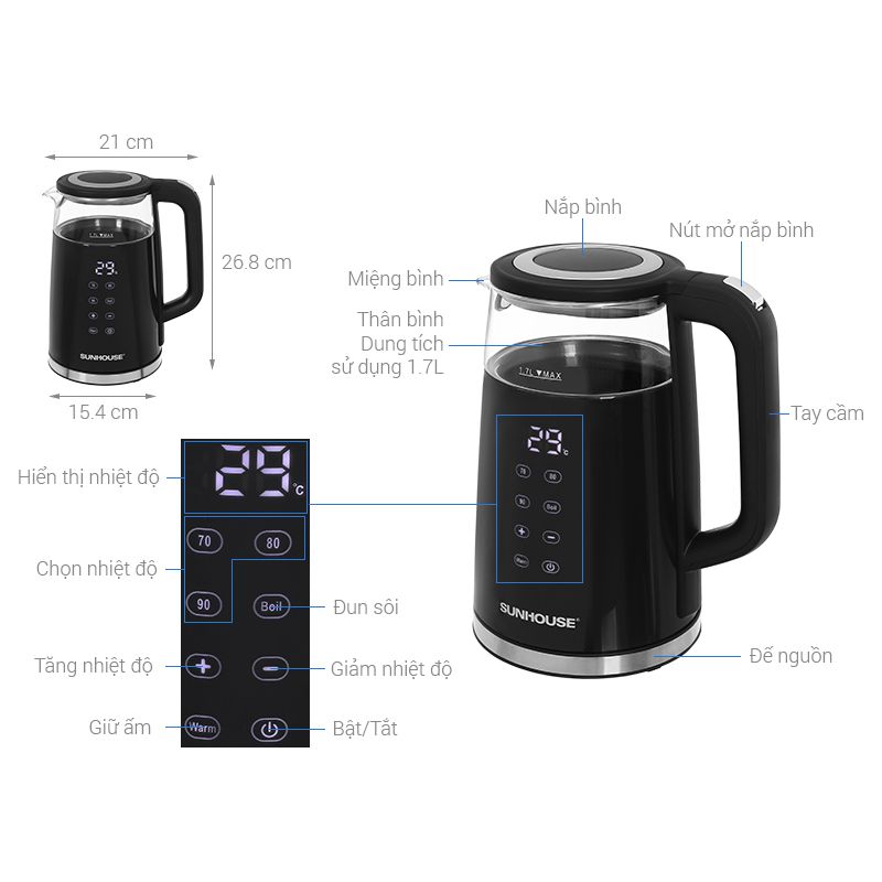Kích thước Bình đun siêu tốc Sunhouse SHD1333 Kích thước Bình đun siêu tốc Sunhouse SHD1333