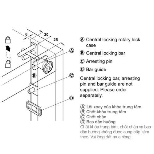 Bộ khóa trung tâm Hafele 234.99.984 3 Kích thước bộ khóa trung tâm Hafele 234.99.984