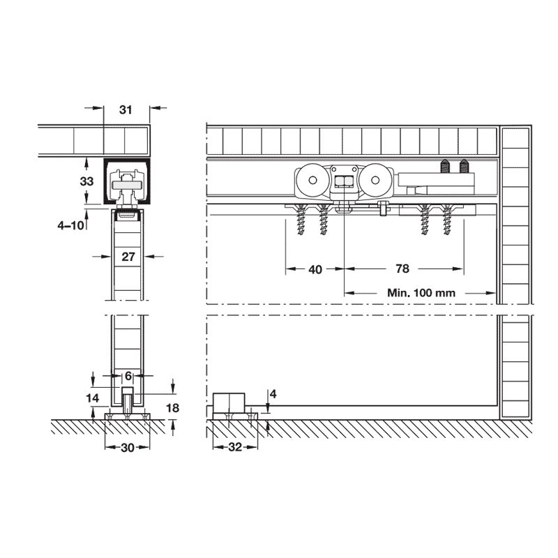 Kích thước phụ kiện cửa trượt Hafele 489.40.024 Kích thước phụ kiện cửa trượt Hafele 489.40.024