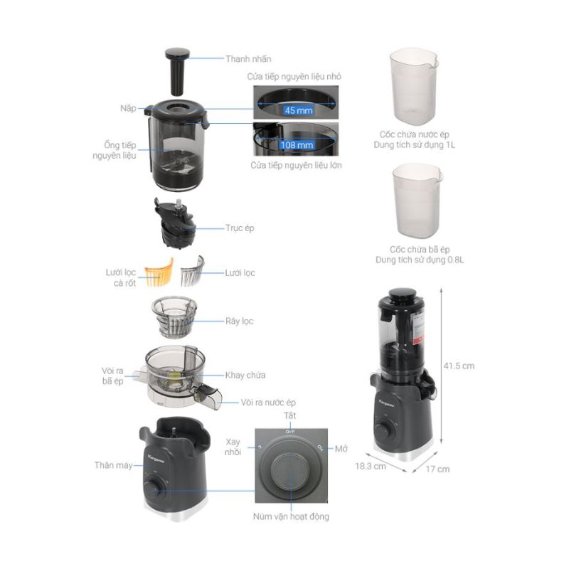 Kích thước Máy ép chậm Kangaroo KGSJ15M1G Kích thước Máy ép chậm Kangaroo KGSJ15M1G