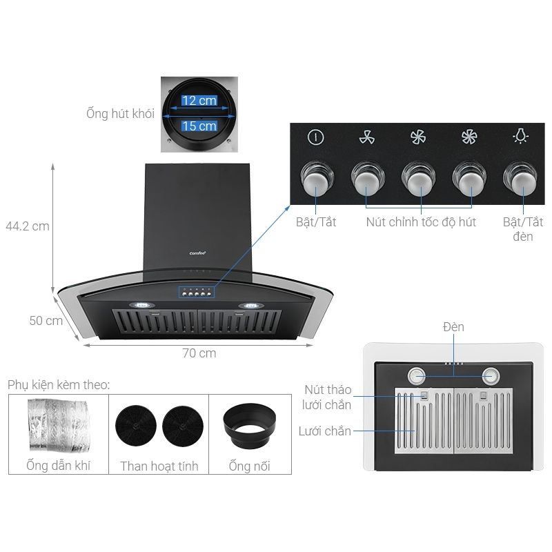 Kích thước máy hút mùi Comfee CH-70CV71B Kích thước máy hút mùi Comfee CH-70CV71B