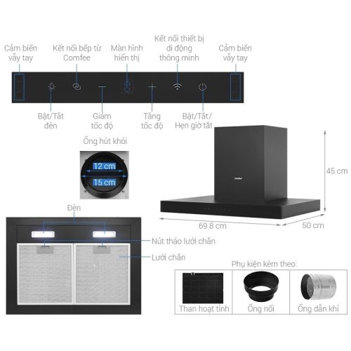 Máy hút mùi Comfee CH-70TM77B 6 Kích thước máy hút mùi Comfee CH-70TM77B