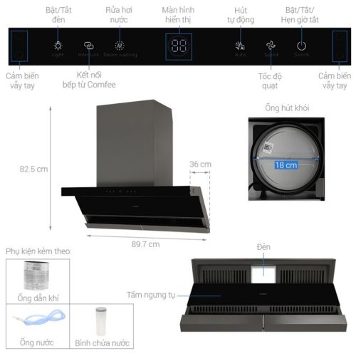 Máy hút mùi Comfee CH-90WJ07B 5 Kích thước máy hút mùi Comfee CH-90WJ07B