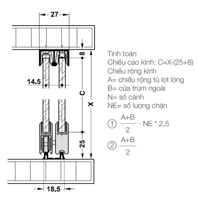 Kích thước phụ kiên cửa trượt kính Hafele 402.32.032 Kích thước phụ kiên cửa trượt kính Hafele 402.32.032