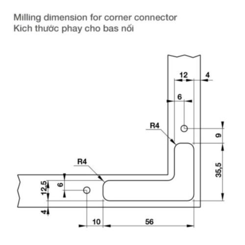 Thông số bas nối sử dụng với khung nhôm Hafele 342.79.717