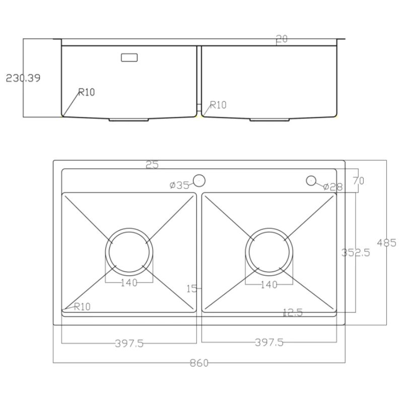 Kích thước chậu rửa bát Nobinox LUMIA NJ508D Kích thước chậu rửa bát Nobinox LUMIA NJ508D