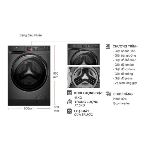 kich thuoc may giat electrolux inverter 11 kg ewf1142r9sc cua truoc