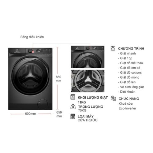 kich thuoc may giat electrolux inverter 11 kg ewf1143r7sc cua truoc