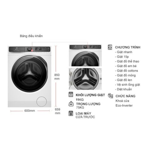 kich thuoc may giat electrolux inverter 11 kg ewf1143r7wc cua truoc